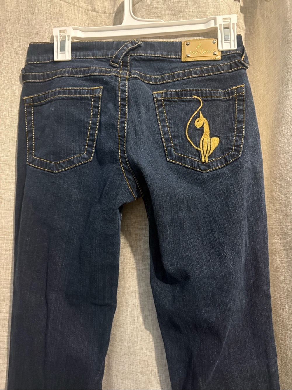 Vintage Low Rise Baby Phat Dark Blue Boot Cut Jeans with Gold Embroidered Cat